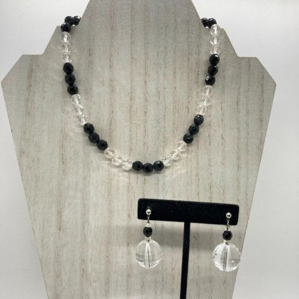 Vintage Set 15" Faceted Black Clear Bead Necklace Pierced Dangle Earrings